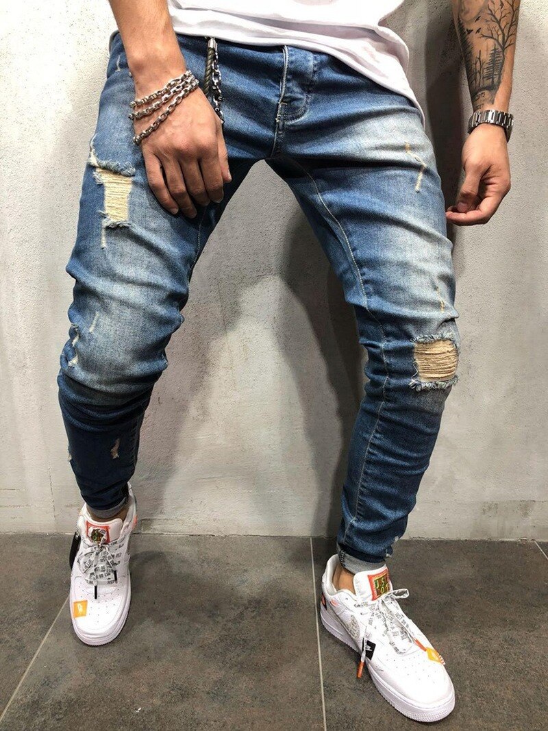 Pantalones vaqueros ajustados Punk para hombre, Jeans ajustados de pitillo, Jeans de talla grande para hombre, Jeans rasgados con agujeros para Patchwork, ropa de calle