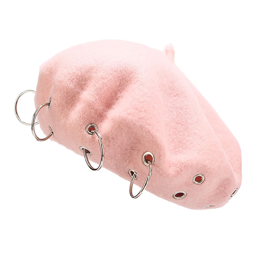 Boina Harajuku de estilo Punk Rock para mujer, boina con aros de hierro, gorros de lana Retro, boinas de pintor de lana negra: Rosa