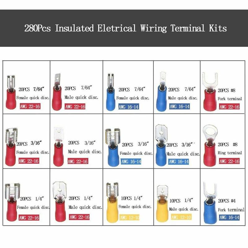 280Pcs Assorted Insulated Spade Crimp Terminal Red With Set Cold-Pressure Electrical Box Butt Yellow Terminal Wire Blue E1V4: Default Title