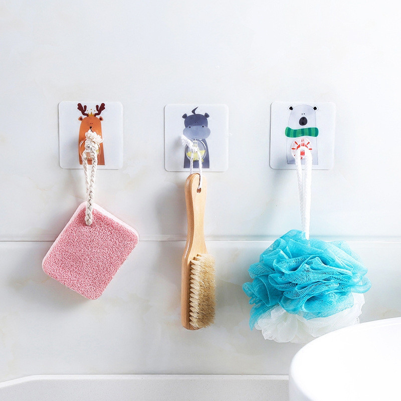 Mooie Dieren Cartoon Patroon zelfklevende Houders Rack Badkamer Muur Traceless Zuig Haken Thuis multi-use Handdoek Hangers