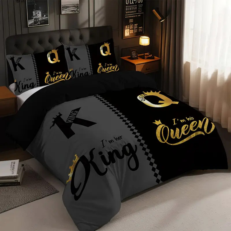 Juego de cama de con estampado king size y queen, color negro y gris, 1 funda nórdica + 2 fundas de almohada, para el hogar y el dormitorio, 3 uds.