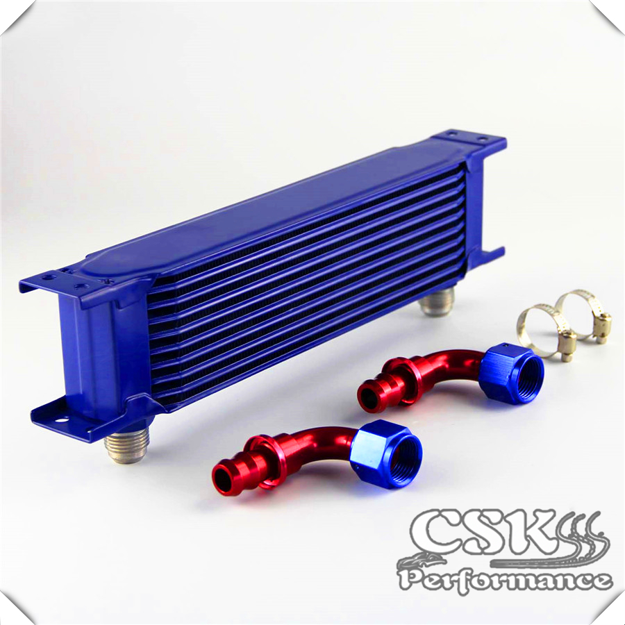 10 rij AN10 Aluminium Oliekoeler Radiator + 2 stuks 90 Graden fittings Blauw