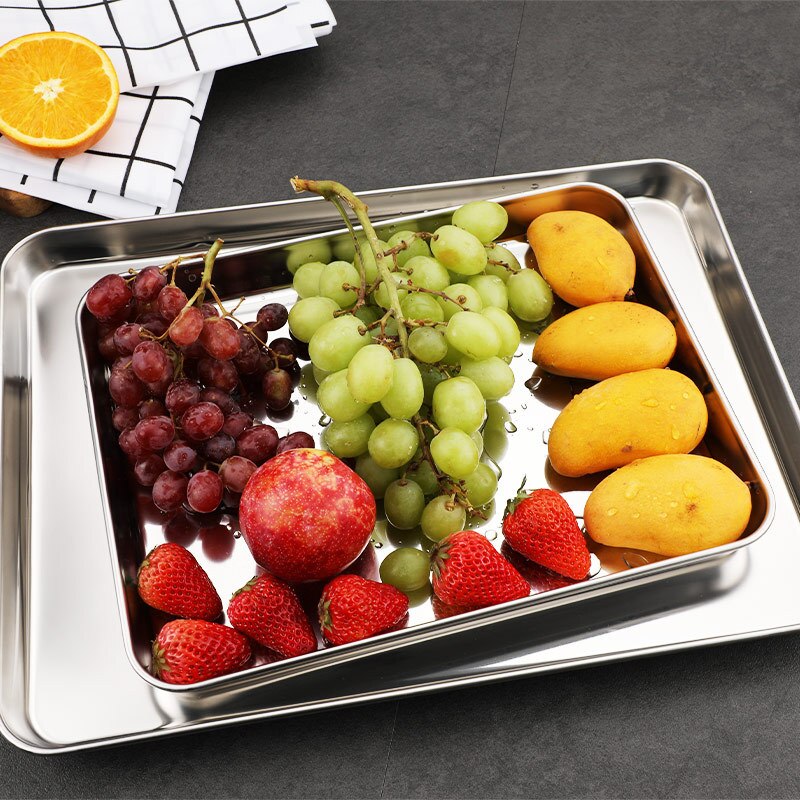 Stainless Steel Food Storage Trays Rectangle Steamed Sausage Fruit Pans Water Bread Kitchen Baking Shallow Dish Serving Plate