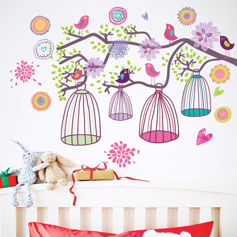 Kvist fuglebur wallsticker til børn babyværelser stue soveværelse baggrund dekorationer tapet børnehave aftagelige klistermærker