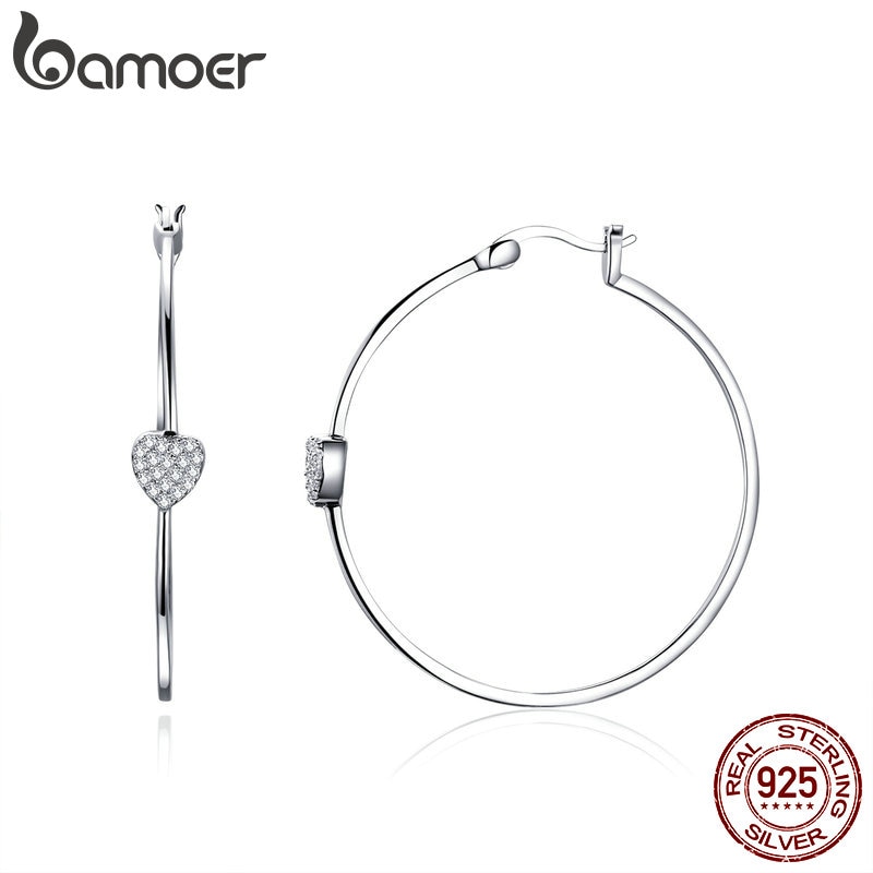 BAMOER Authentic 925 Sterling Silver Big Circle Love Heart Shape Clear CZ Earrings for Women Wedding Silver Jewelry SCE518