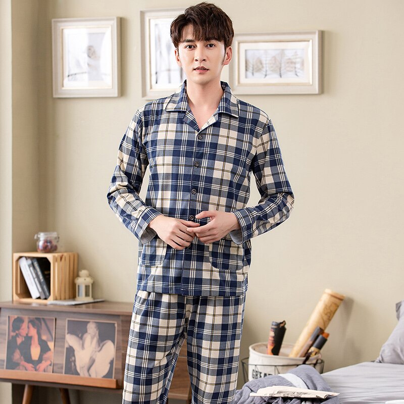 Pyjama 100% coton pour homme, tenue de nuit à la , vêtements chauds pour la maison, à carreaux PJ, automne