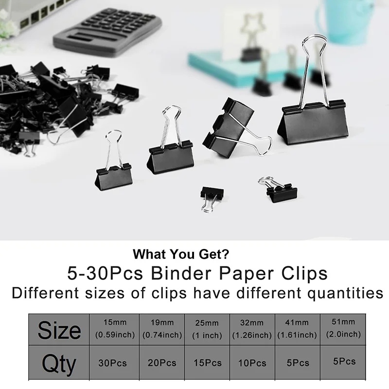 Clips de carpeta de 5-30 Uds., Clips traseros plegables de Metal, abrazadera de Clip de papel pequeña de 15/19/25/32/41/51mm, Clip de oficina para el hogar, escuela, almacenamiento de oficina