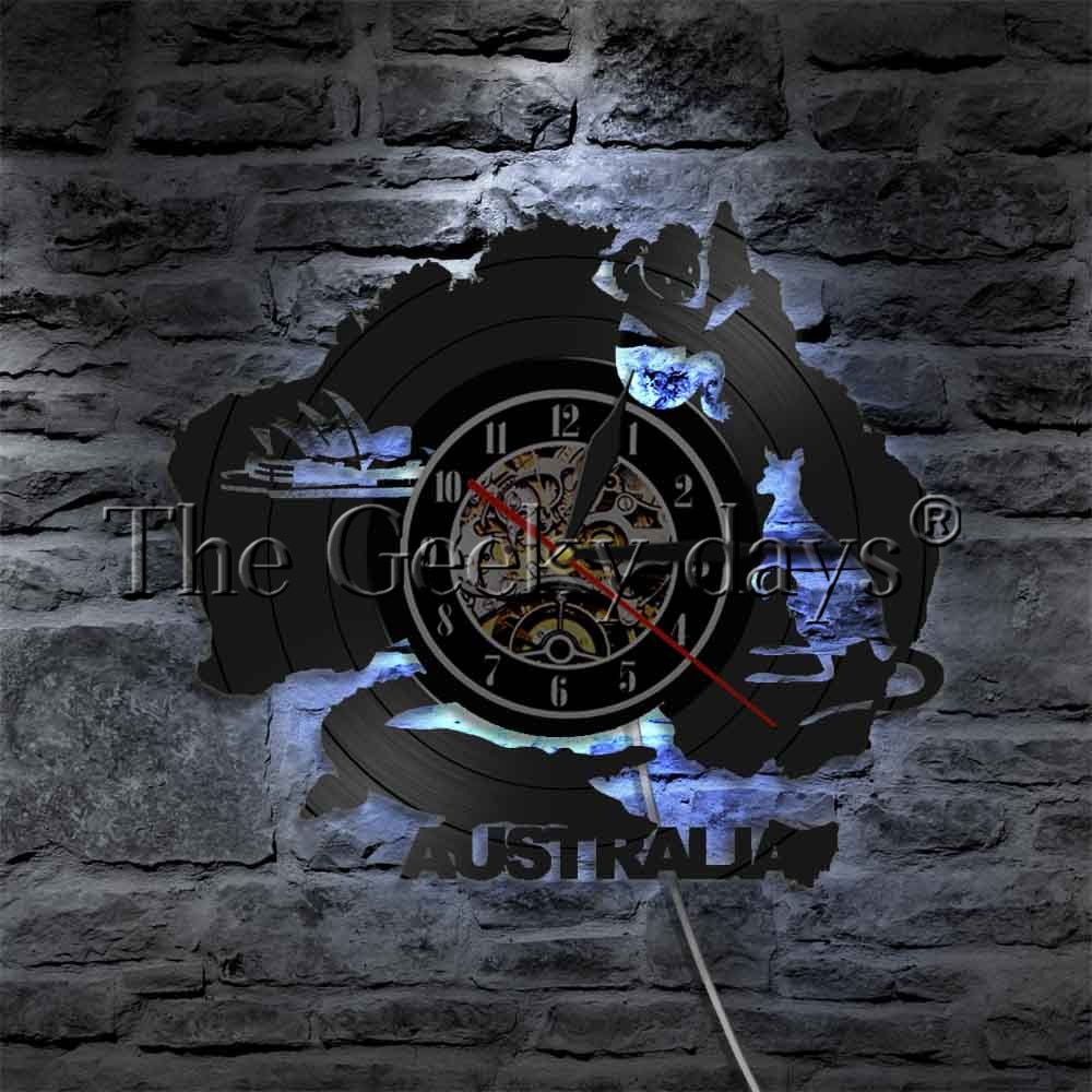 1Piece Australia Wall Clock Sydney Opera House Vinyl Record Clock Crocodile Koala Kangaroo Australian Factors Led Wall Light