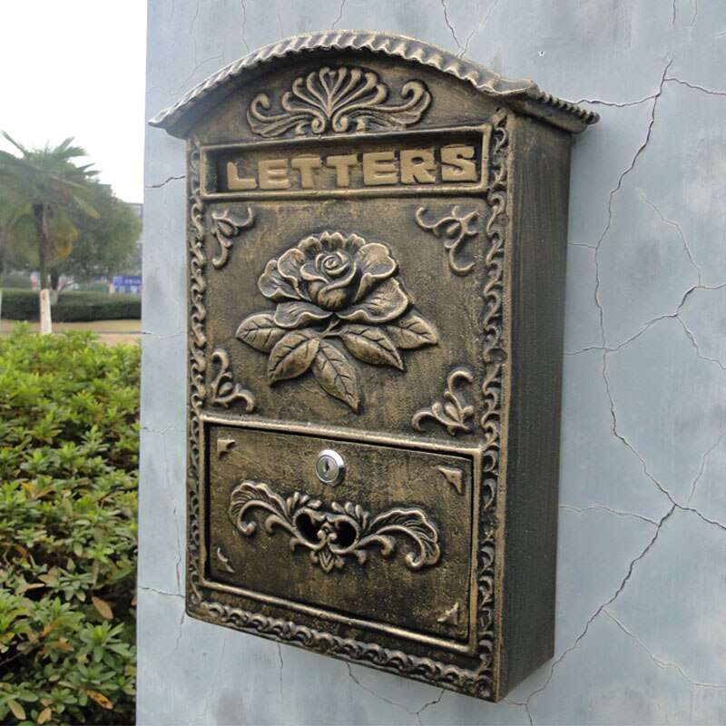 Locking Wall Mounted Mailbox - Bronze Vintage Aluminum with Rose Residential Secure Locking Mail Letter Box