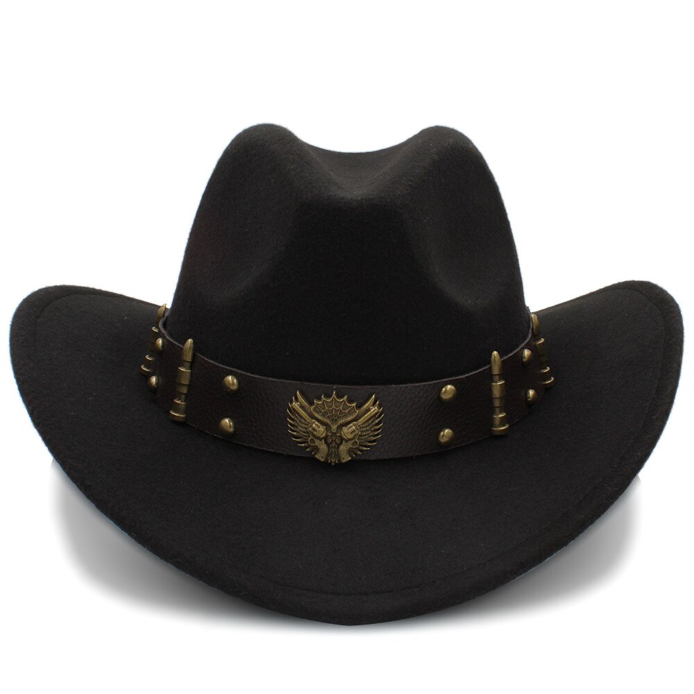 Kvinders uld western cowboy hat roll-up brim lady fascinator jazz hestesport sombrero hombre fedora cap størrelse 56-58cm: Sort