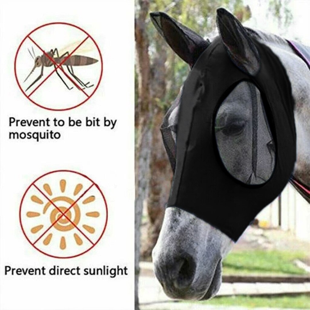 Anti-Fly Mesh Equine Mask Comfort Fit Fly Mask Protects Eyes and Ears Horses UV Protection Face Cover Farm Animal Supplies