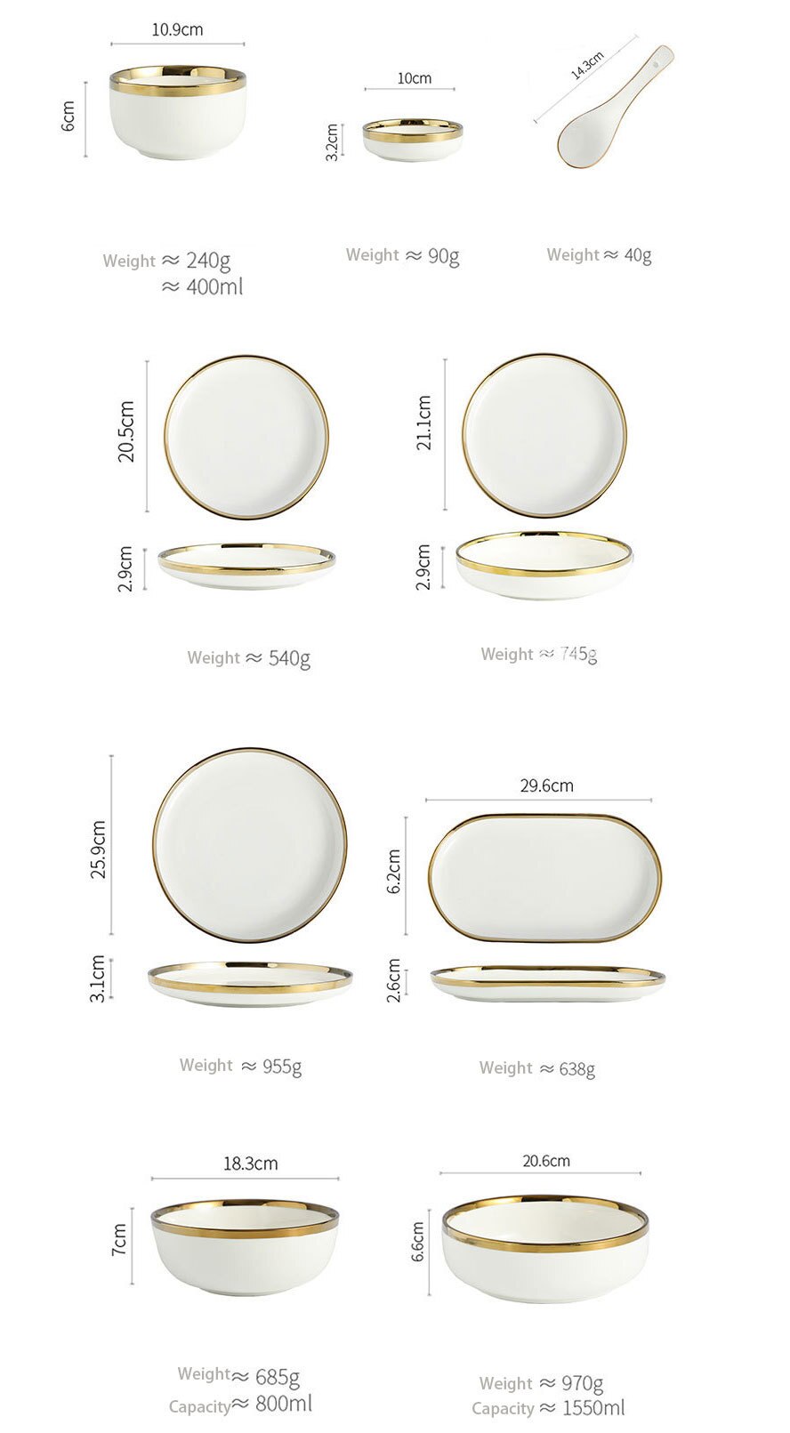 Ceramic Dinnerware Plate Bowl White Gold Stroke Ceramic Dinner Plate Steak Tableware Rice Soup Bowl Spoon Dish Home Decoration