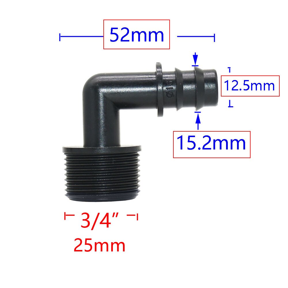 1/2 3/4 Draad Om 16/20/25Mm Pe Slang Elleboog Connectors 90 Graden Landbouw Greenhouse Irrigatie Water slang Barb Joint 4 Pcs: 3I4 to 16mm