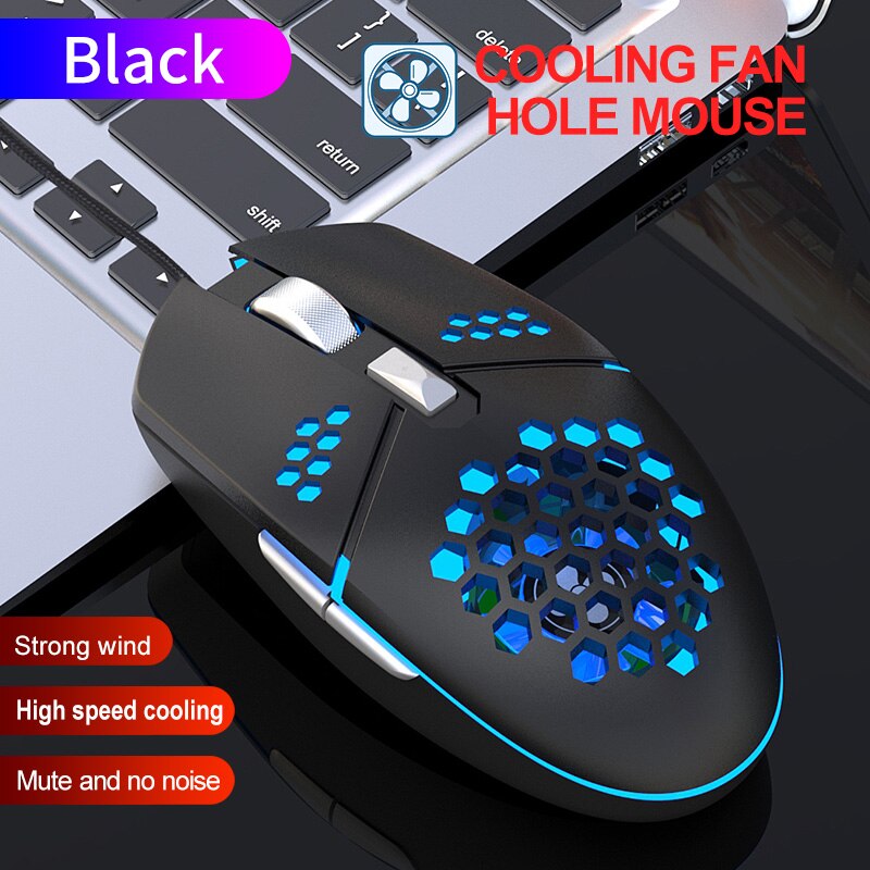 Profession Wired Gaming Cooling Mouse USB RGB LED Light 6 Button Optical Computer Mute Mice Gamer with Cooling Fan For PC Laptop: Black