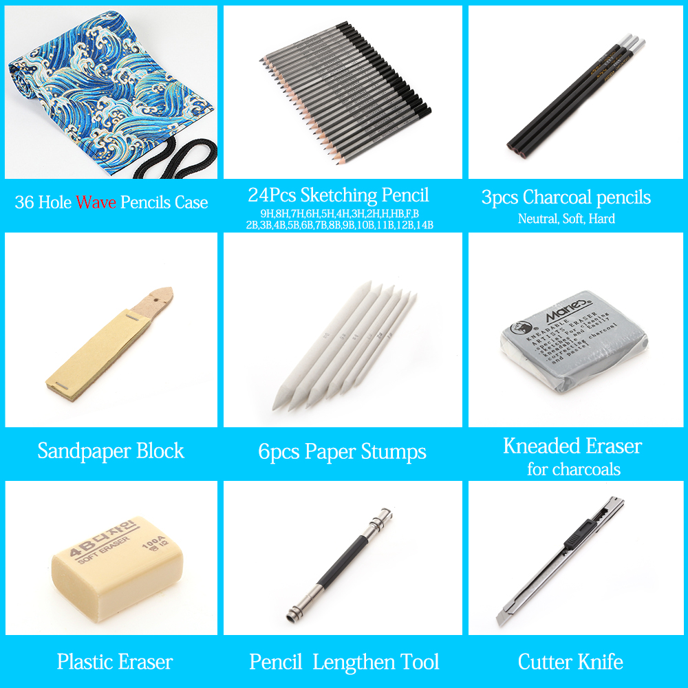 27/39pcs Sketch Pencil Set Sketching Drawing Kit Wood Pencil Pencil Bags For Painter School Students Art Supplies: 36 Wave Pencil Set
