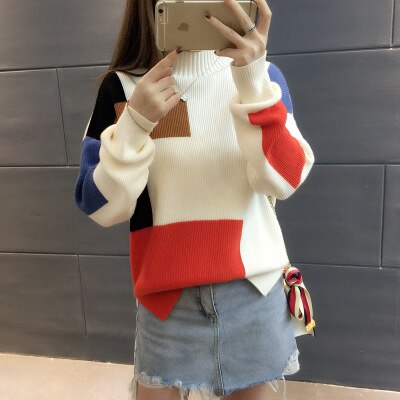 Sweater Women Autumn And Winter Knit Patchwork Short semi-high Collar Loose women's Sweaters And Pullovers Vestidos LXJ448: White