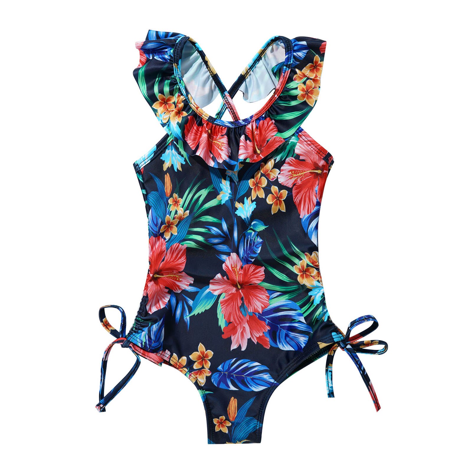 Kids Girls One-piece Beachwear Floral Pattern Ruffle U Neck Spaghetti Straps Leotard Swimsuit Beach Swimwear Bathing Suits