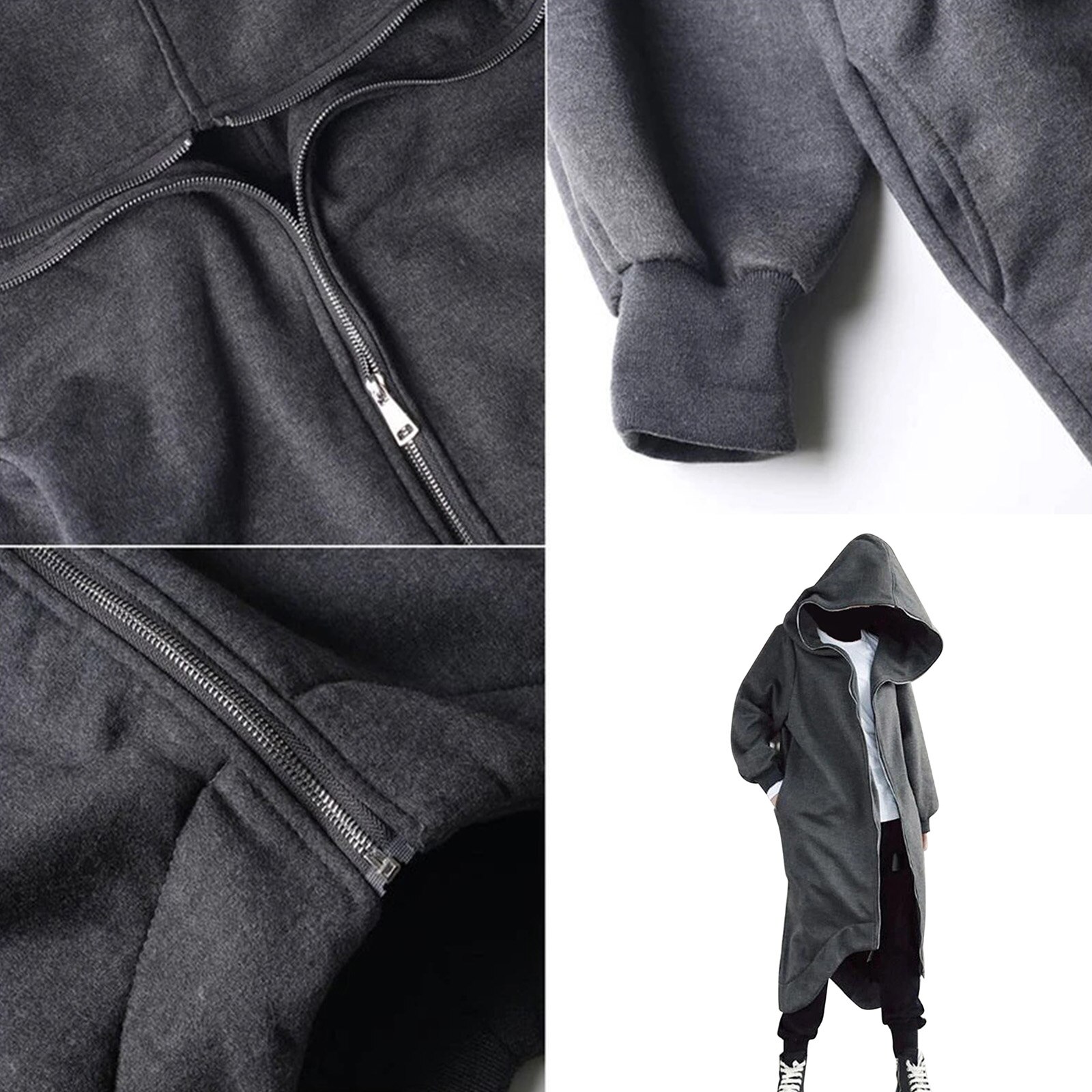 Unisex Long Sleeve Hooded Nazgul Long Coat Zipper Closure Fleece Lined Long Hoodie PUZ777