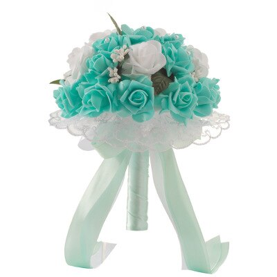 Elegancka panna młoda trzyma bukiet romantyczny kwiat róży perła kryształ ślubny bukiet ślubny/druhna satynowy kwiat: zielony