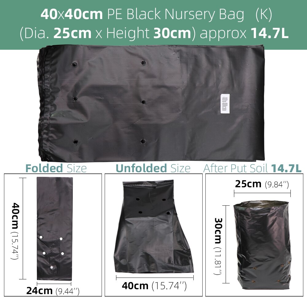 Bolsas de plástico de polietileno para vivero, macetas de cultivo de plantas de tela con agujeros transpirables para cultivo doméstico, suministros de jardinería, color negro, 100 piezas: Black 40x40m