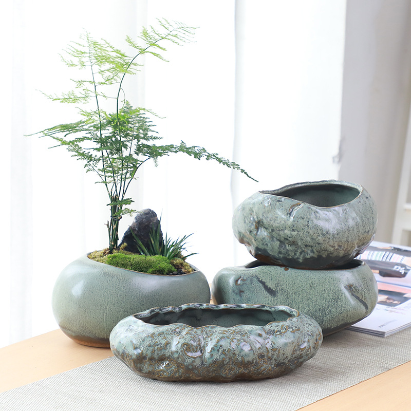 Maceta pequeña de cerámica Retro Para el hogar, maceta creativa de escritorio para plantas verdes suculentas Wenzhu, utensilios de jardín chino hechos a mano