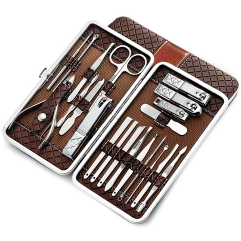 21 Pcs Manicure Set Kit Ear Pick Utility Nail Clipper Stainless Steel: Silver Brown