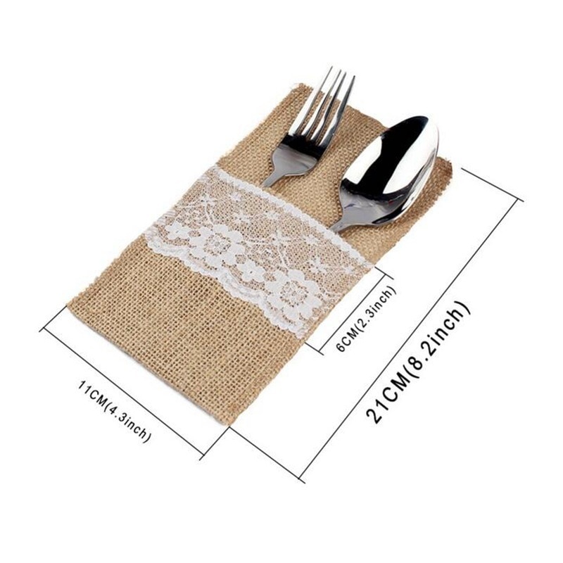 1pcs Jute Hessian Burlap Linen Lace Cutlery Holder Vintage Birthday Wedding Party Christmas Decorations Tableware Supplies 62447: A