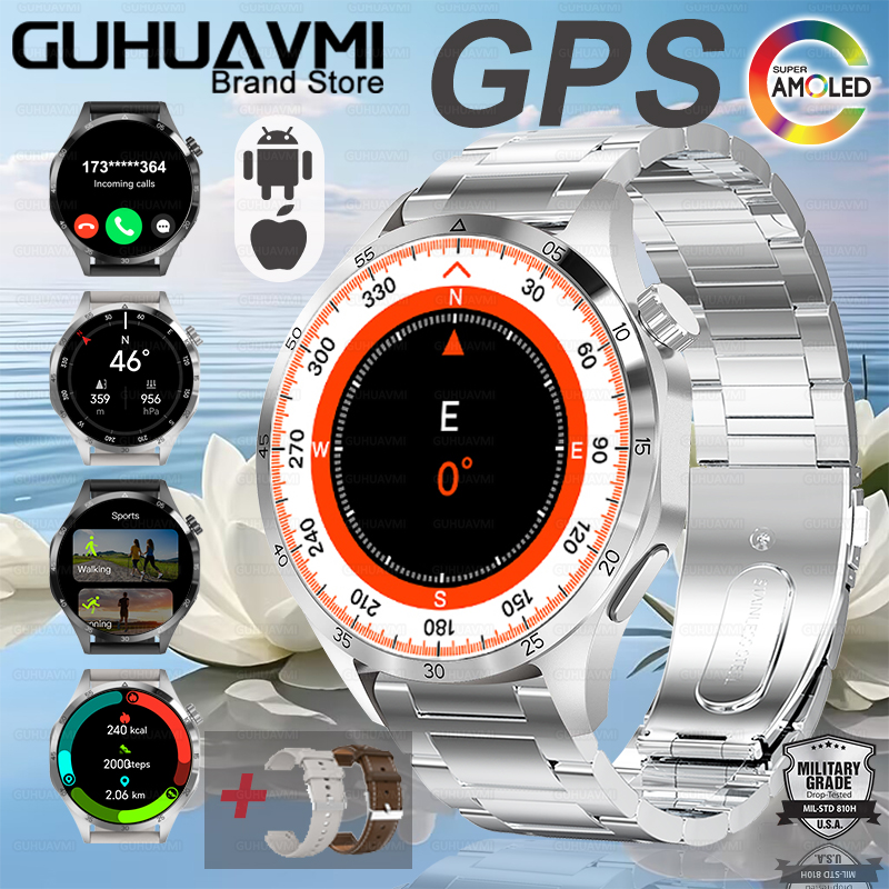 2025 tendências da moda novo gps relógio inteligente masculino freqüência cardíaca amoled nfc ip68 à prova dip68 água relógios esportivos bluetooth chamada twatch para huawei: Prateado