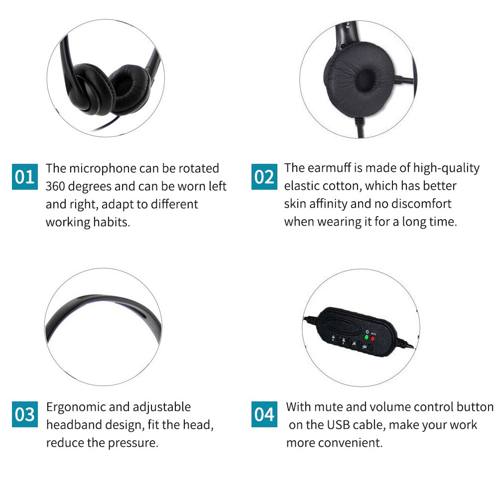 USB Plug Corded Headset Hands-Free Binaural Headphone Noise Cancelling Microphone Mute Volume Control Button for Call Center