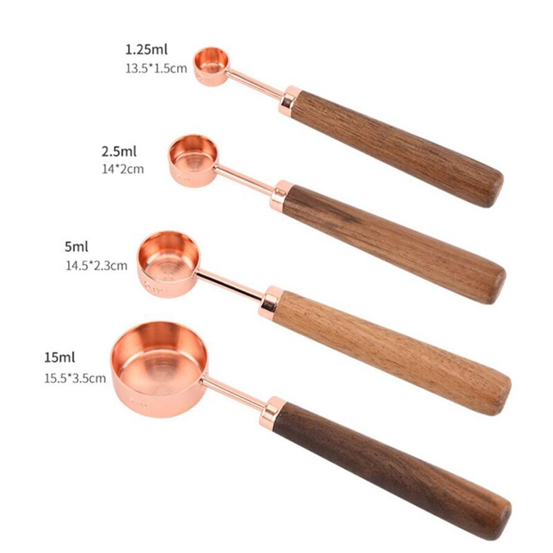 Rose Gold Measuring Cups And Spoons Set Teaspoon Wood Handle Copper Pink Kitchen Milk Coffee Cake Baking Measuring Spoon