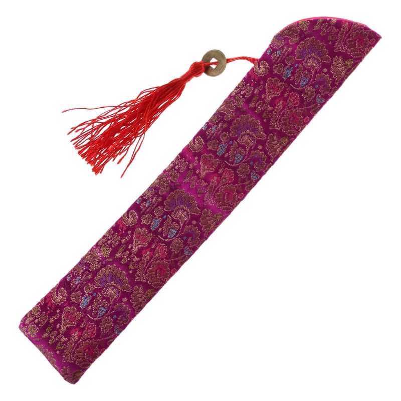Silkefoldning kinesisk hånd fan taske med kvast støvtæt holder beskyttelsespose taske cover retro stil  e15b: Rosenrød