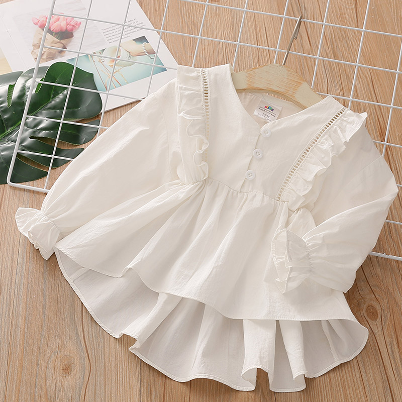 Spring Autumn 2 3 4 6 8 10 Years Kids Cute Long Trumpet Sleeve V-Neck Cotton White Blouse Shirts For Baby Girls