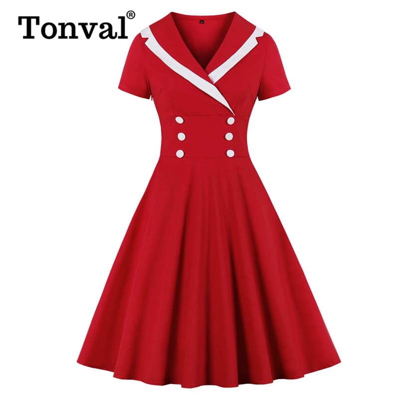 Tonval retro-hak krave knap foran rød vintage a-line kjole kvinder bomuld sommer kontor dame swing kjoler