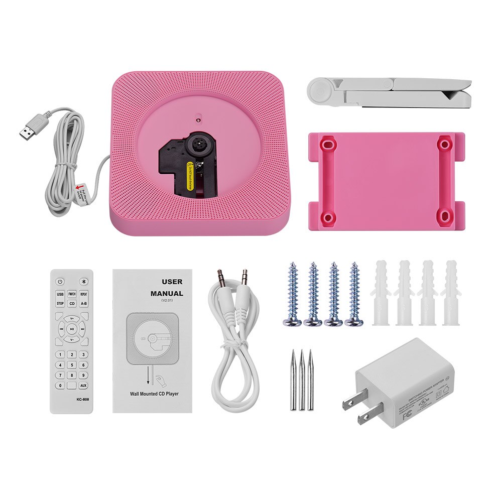 Portable wall-mounted CD player music amplifier audio with remote control support BT / USB / FM mode multiple models plug: Pink  US Plug