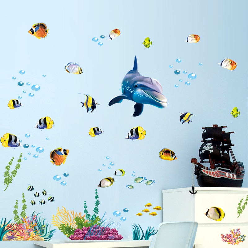 Havets verden delfiner badeværelse baseboard wallsticker dreng soveværelse sengekanten dekorative wallstickers påsat