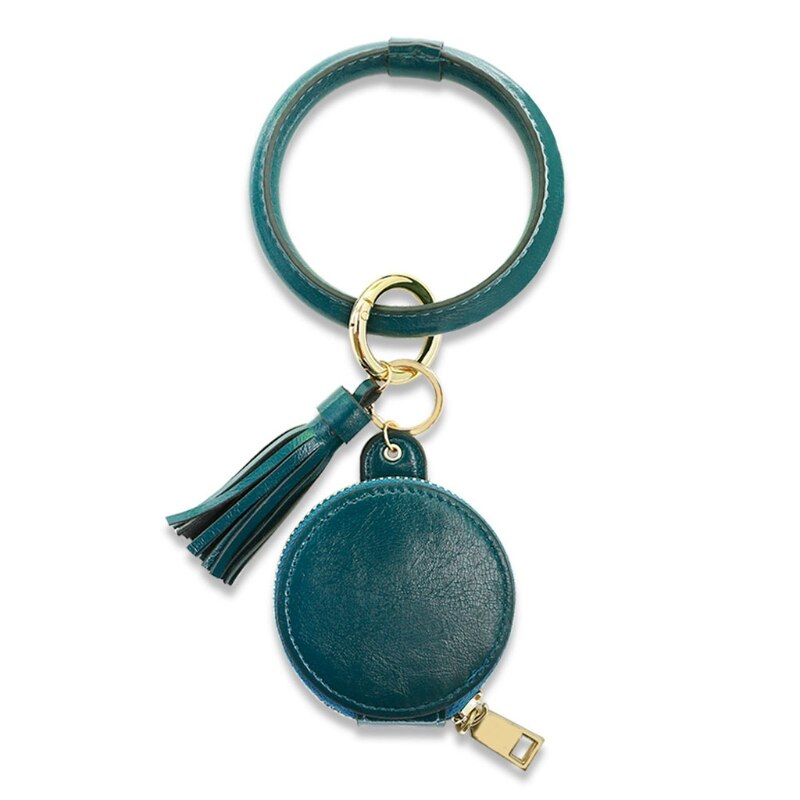 Vrouwen Oordopjes Sleutelhanger Armband Tas Lederen Polsbandje Cirkel Sleutelhanger Bangle Koptelefoon Kwastje Mini Portemonnee Met Make-Up Spiegel: green