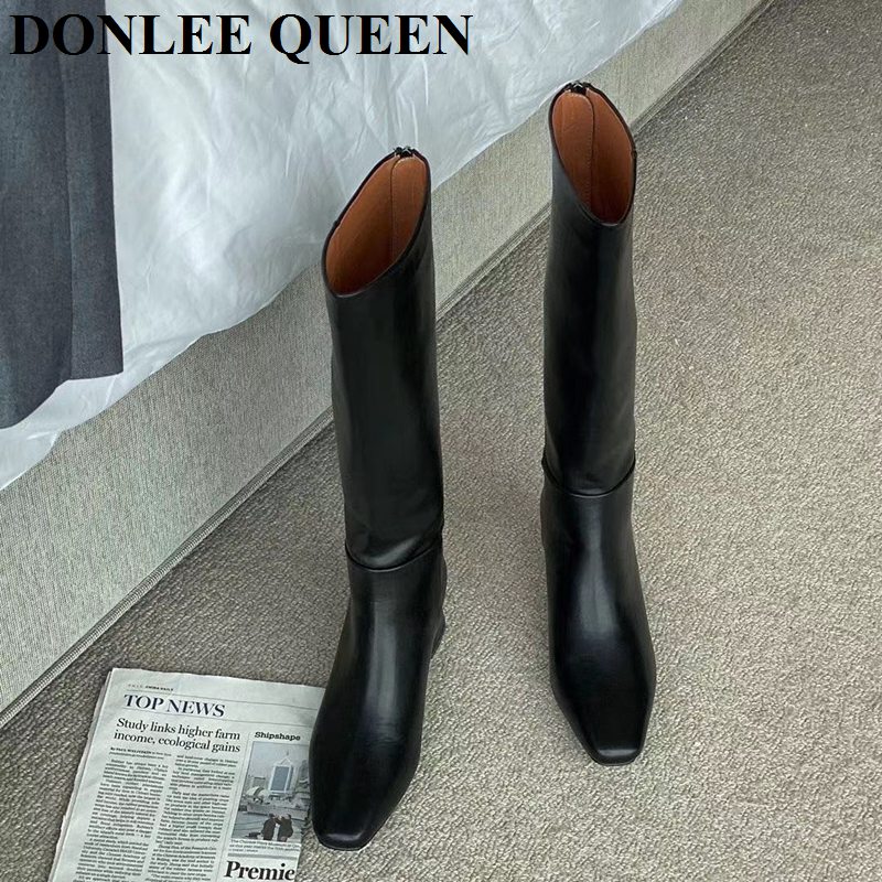 Vinter knehøye støvler kvinner med hæl lange støvler glidelås firkantet tå sko kvinner casual chelsea støvler for kvinner merke sko