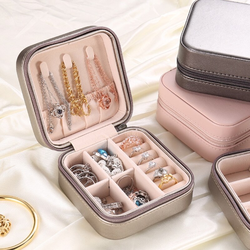 Protable Travel Leather Jewelry Box Organizer Display Earrings Ring Necklace Jewellery Zipper Storage Case Women Girls