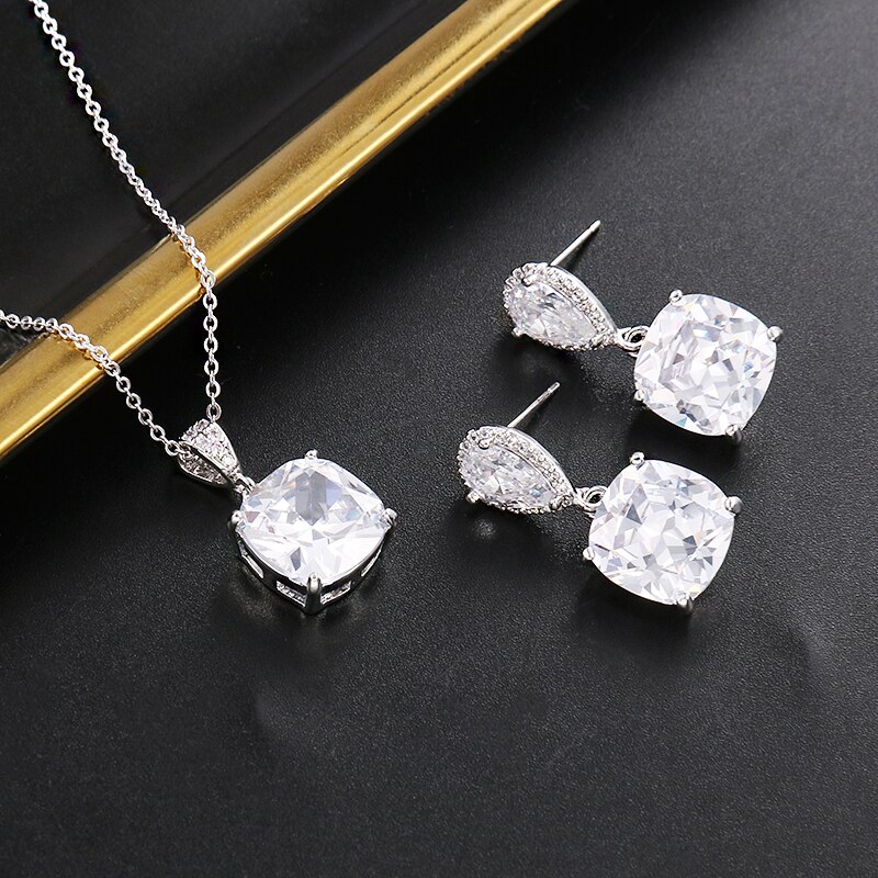 Weimanjingdian Sparkly Kussen Cut Zirconia Hanger En Oorbellen Sieraden Set Voor Bruid Of Bruidsmeisje