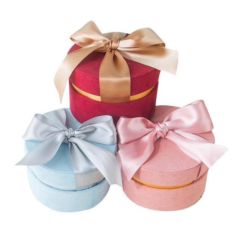 2Pcs Emboss Bloem Effen Kleur Ronde Fluwelen Geschenkdoos Bruiloft Verjaardag Party Opslag Snoep Ring Tie doos