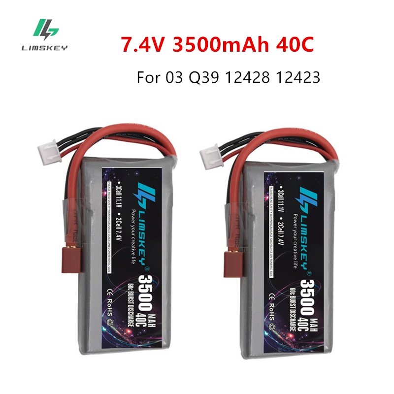 Limskey 2 stk rc lipo batteri 2s 7.4v 3500 mah 40c til feiyue 03 q39 wltoys 12428 12423 1:12 rc bilbatteri reservedeler rc båt