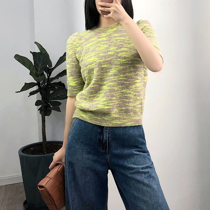 Women Sweater Autumn Product Puff Sleeve Knit Short Sleeve Alpaca Wool Sweater Top Women