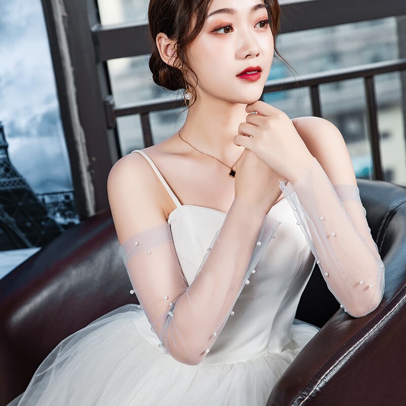 Women Elbow Long Fingerless Wedding Gloves For Bride Pearls Beaded Evening Party Accessories: Gray