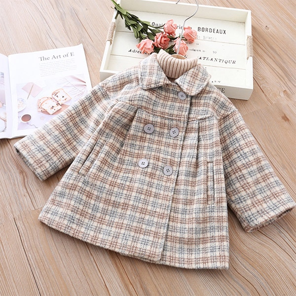 Piger plaid trenchcoat børne efterår vinter uld frakke  -10 grader koreansk version af: Beige / 3t