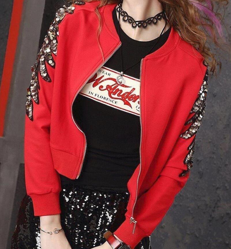 Vrouwen Rode Korte Jas Lente Mode Elastische Dunne Pailletten Kralen Tops Vrouwelijke Tij Jas Streetwear Dames Jassen Bovenkleding