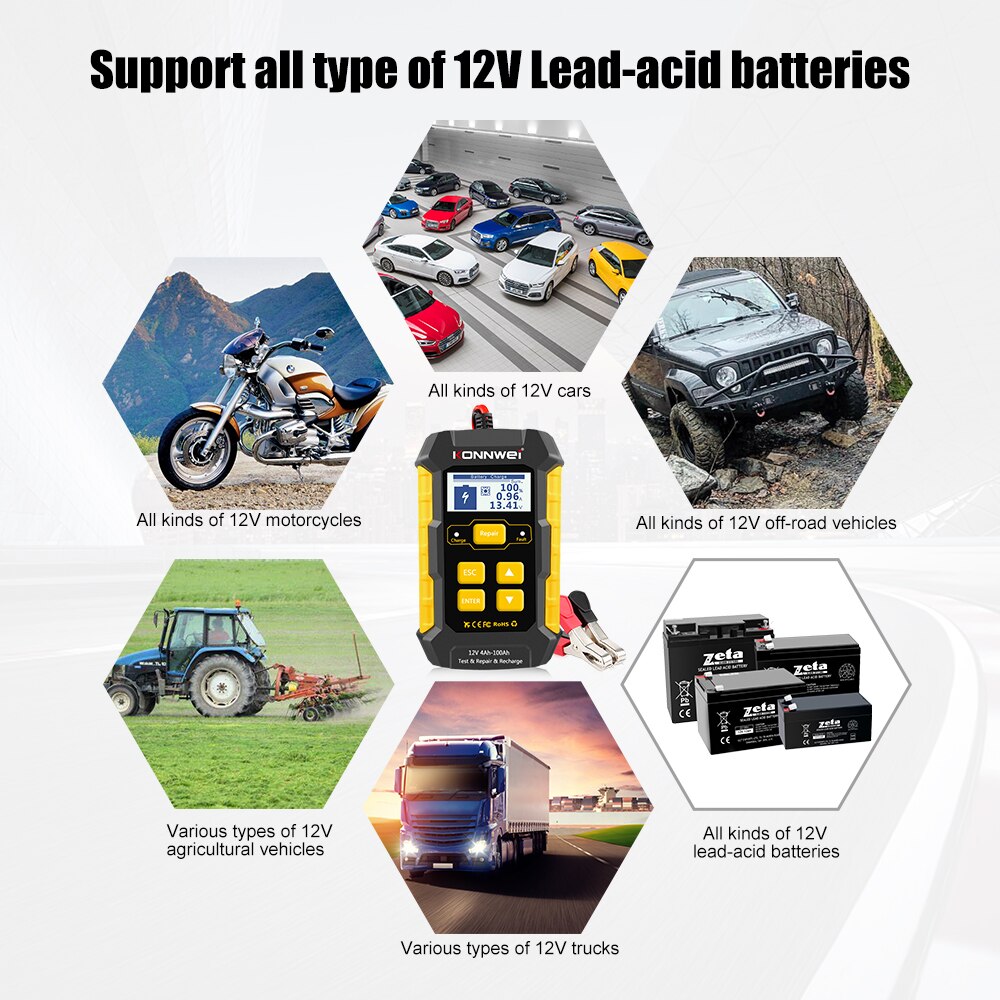 KONNWEI-probador de batería de coche KW510, 12V, 5A, cargador de reparación de pulso, húmedo, seco, ácido de plomo, herramienta de reparación de batería de coche completamente automática