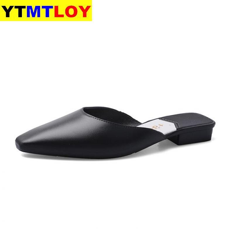 Sommarlägenheter mulor dam sandaler skärp slip on spetsig tå kvinnor utomhus skor kvinnor låga klackar ledig platt med dam sandaler: Svart / 36