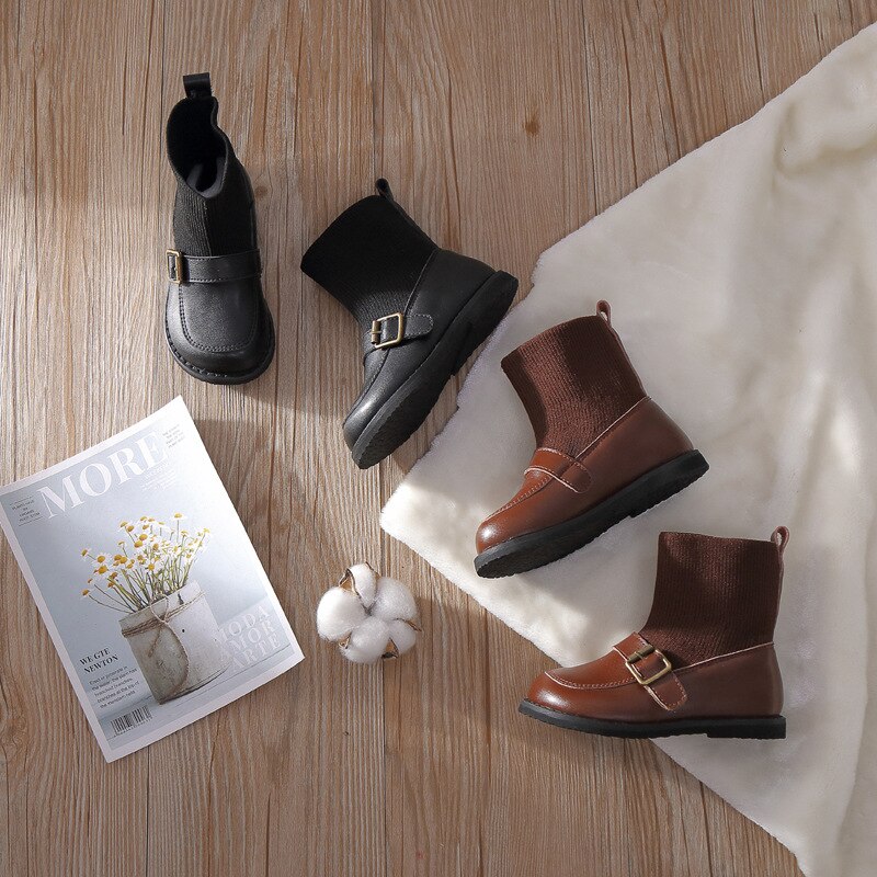 2020 Bambini di inverno Stivali Ragazze Tessuto di disegno Della Caviglia Stivali Scarpe Ragazze Nero casuale Scarpe per Bambini in Pelle Stivaletti SGF096