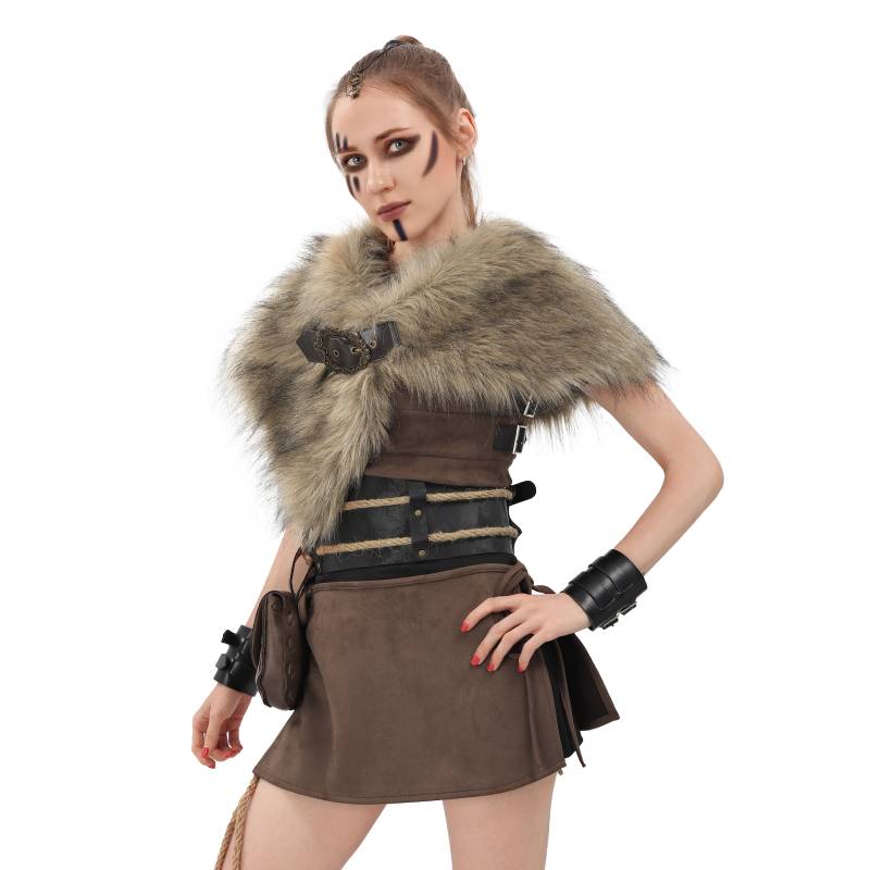 Dazcos viking faux fur scarf and cloak with medieval brooch, fur collar for larp costume accessories