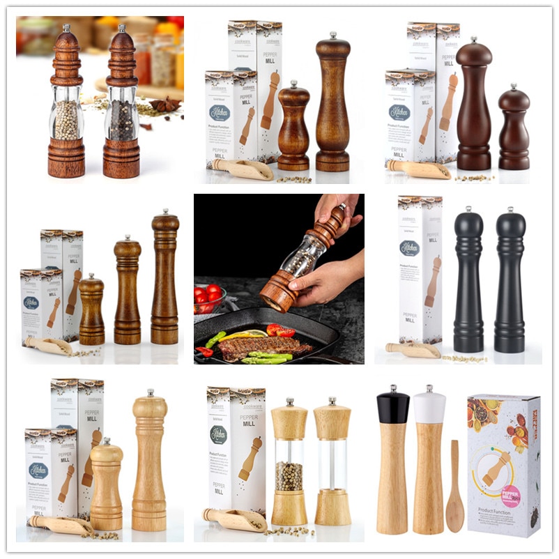 5" 6" 8" 10" Salt and Pepper Grinder, Solid Wood Spice Pepper Mill with Strong Adjustable Ceramic Grinder Kitchen Cooking Tools